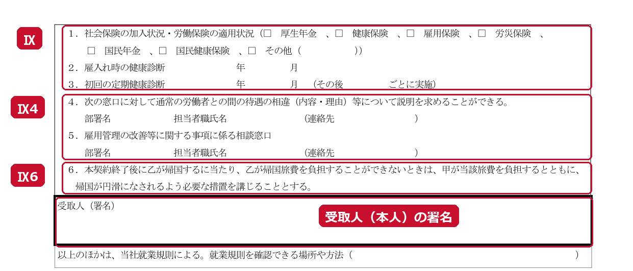 Page 3 of the employment conditions (Reference Form No. 1-6). Ⅸ: social insurance, labor insurance, and health checkups, Ⅸ4: contact point for explaining differences in treatment, Ⅸ6: payment of travel costs for returning home, signature field for the recipient (the worker) (red frames and labels added by the editorial team)