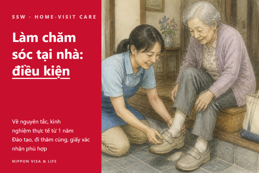 Điều kiện để người lao động Kỹ năng đặc định làm việc trong chăm sóc tại nhà ở Nhật Bản | 1 năm kinh nghiệm, đào tạo, đi thăm cùng và giấy xác nhận phù hợp