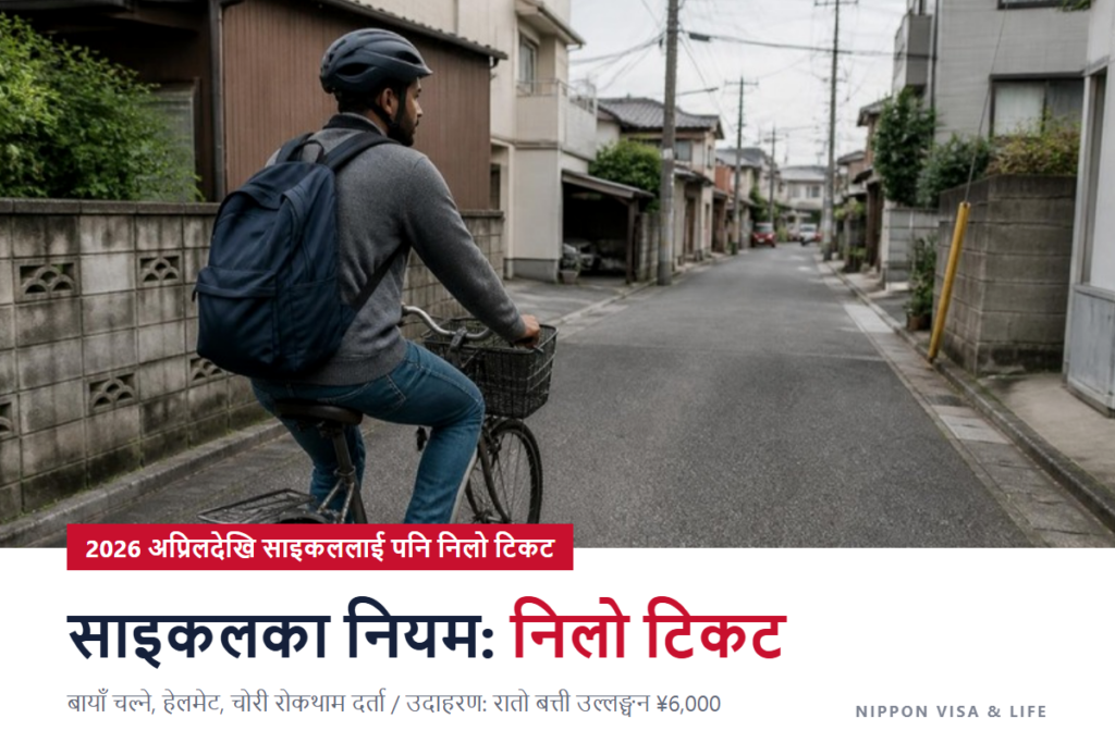 जापानमा साइकल चलाउँदा पालना गर्नुपर्ने नियम | बायाँतर्फबाट चलाउने, हेल्मेट, चोरी रोकथाम दर्ता, निलो टिकट (जरिवाना)