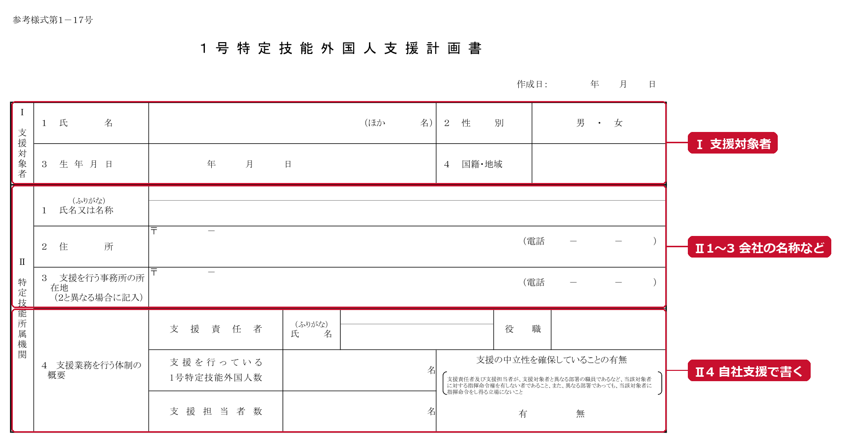 First page of the Support Plan for Specified Skilled Worker (i) (Reference Form No. 1-17). I Person receiving support, II 1–3 Company name, address, etc., II 4 Outline of the system for support work (filled in only for in-house support) (red frames and labels added by the editorial team)
