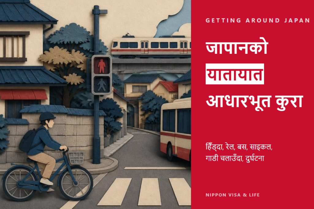 जापानको यातायातका आधारभूत कुरा | हिँड्दा・रेल・बस・साइकल・गाडी चलाउँदा・सडक दुर्घटना हुँदा