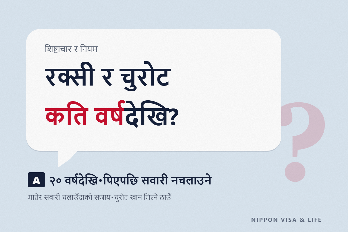 जापानमा रक्सी र चुरोटसम्बन्धी नियम | 20 वर्षदेखि・मदिरा सेवन गरी सवारी चलाएमा सजाय・चुरोट खान मिल्ने ठाउँ