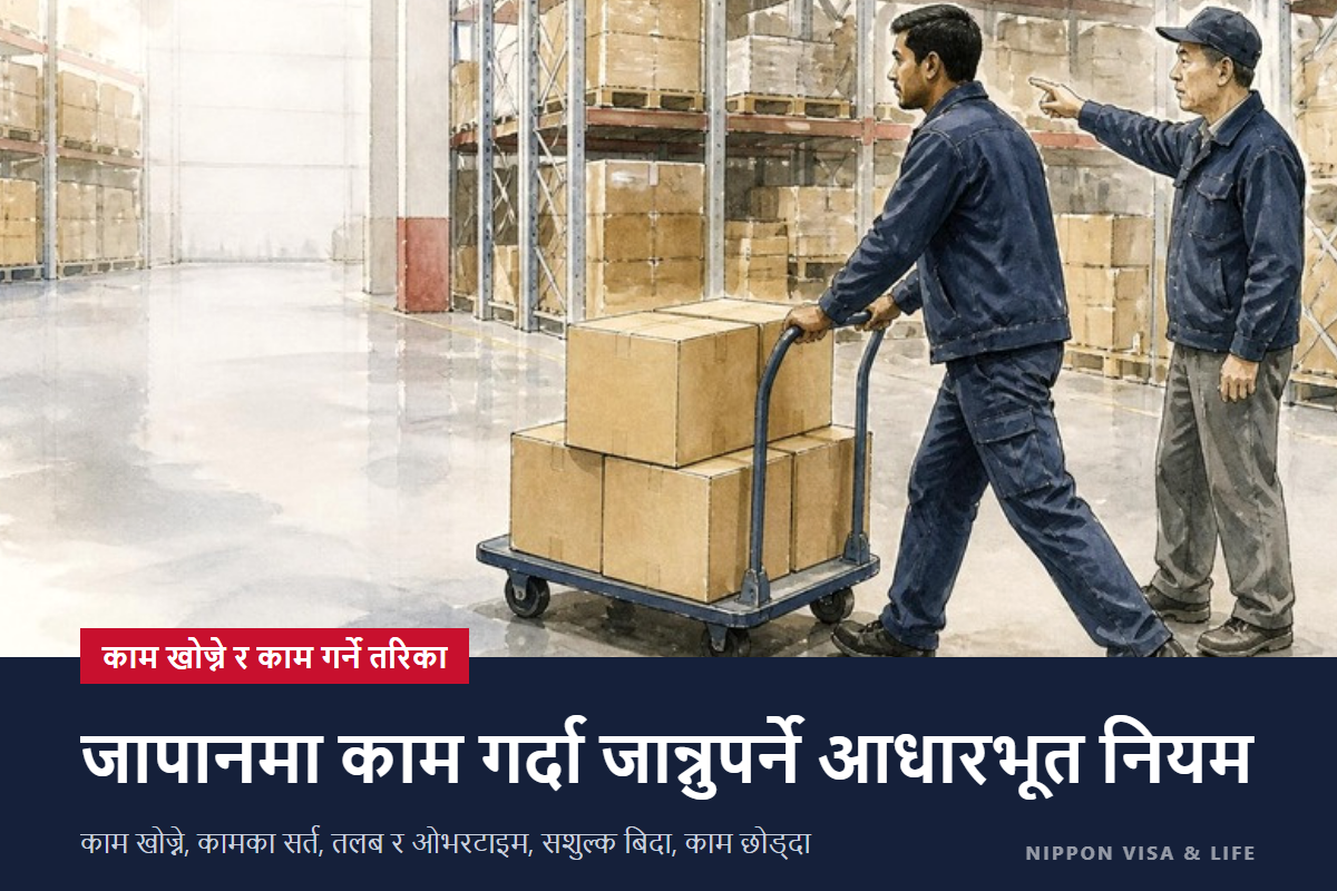 जापानमा काम खोज्ने र काम गर्ने आधारभूत कुरा | हेलो वर्क・कामका सर्त・तलब र ओभरटाइम・तलबी बिदा・जागिर छोड्दा・सल्लाह लिने ठाउँ