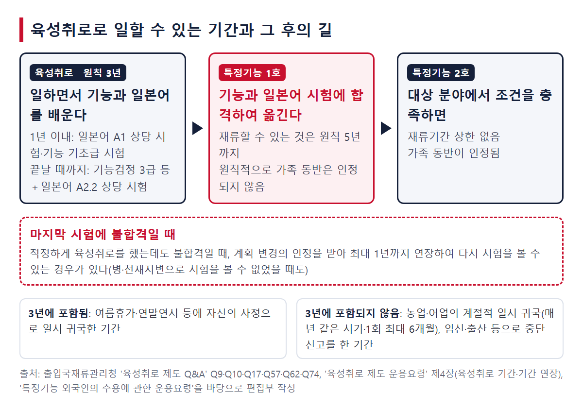 육성취로로 일할 수 있는 기간과 그 후의 길. 원칙 3년의 육성취로 동안 일본어 A1 상당과 A2.2 상당 등의 시험을 보고, 합격하면 특정기능 1호(원칙 5년까지), 대상 분야에서는 특정기능 2호(상한 없음)로 나아갈 수 있다. 불합격일 때는 최대 1년 연장할 수 있는 경우가 있다. 자신의 사정에 의한 일시 귀국은 3년에 포함되고, 농업·어업의 계절적 일시 귀국은 포함되지 않는다