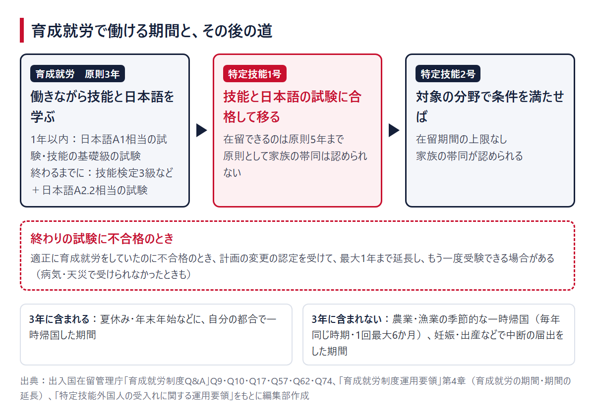 育成就労で働ける期間と、その後の道。原則3年の育成就労の間に日本語A1相当とA2.2相当などの試験を受け、合格すれば特定技能1号(原則5年まで)、対象の分野では特定技能2号(上限なし)へ進める。不合格のときは最大1年の延長ができる場合がある。自分の都合の一時帰国は3年に含まれ、農業・漁業の季節的な一時帰国は含まれない
