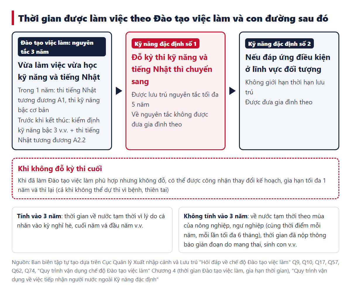 Thời gian được làm việc theo Đào tạo việc làm và con đường sau đó. Trong thời gian Đào tạo việc làm nguyên tắc 3 năm, thi các kỳ thi như tiếng Nhật tương đương A1 và tương đương A2.2; nếu đỗ có thể chuyển sang Kỹ năng đặc định số 1 (nguyên tắc tối đa 5 năm), và ở lĩnh vực đối tượng có thể sang Kỹ năng đặc định số 2 (không giới hạn). Khi không đỗ có thể được gia hạn tối đa 1 năm. Thời gian về nước tạm thời vì lý do cá nhân được tính vào 3 năm, thời gian về nước tạm thời theo mùa của nông nghiệp, ngư nghiệp không được tính