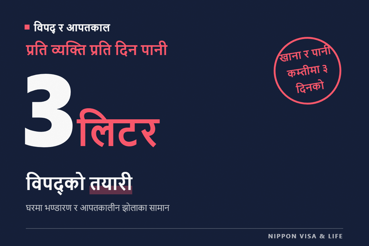 जापानमा प्राकृतिक प्रकोपको तयारी | खाना र पानीको भण्डार (3 दिनदेखि 1 हप्तासम्मको) र आपत्कालीन झोलामा राख्ने सामान