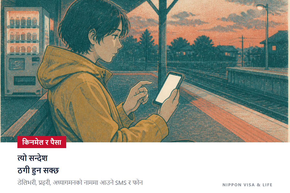 जापानमा ठगीको इमेल・SMS・फोन आएमा | कुरियर कम्पनी・प्रहरी・अध्यागमनको नाममा गरिने ठगीका तरिका र सल्लाह लिने ठाउँ (#9110・188)
