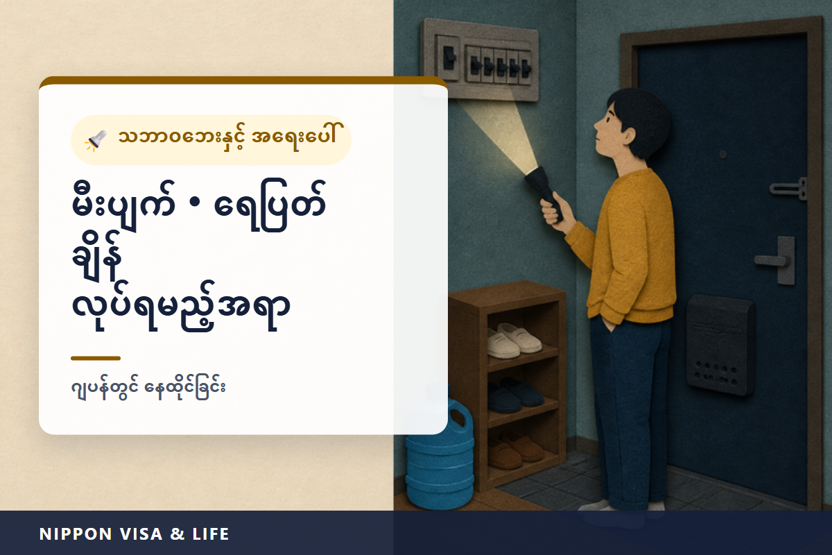 ဂျပန်တွင် မီးပျက်ခြင်း・ရေပြတ်ခြင်း ဖြစ်သည့်အခါ လုပ်ရမည့်အရာများ | ဘရိတ်ကာ စစ်ဆေးနည်း၊ မီးပျက်မှု သတင်းအချက်အလက် ရှာနည်း၊ မီးပြန်လာချိန် မီးလောင်မှု၊ ရေခဲသေတ္တာထဲက အစားအစာ၊ အိမ်သာနှင့် ရေဝေငှရာနေရာ