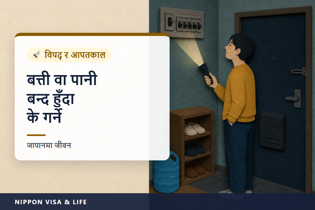 जापानमा बिजुली वा पानी बन्द भएमा गर्नुपर्ने कुरा | ब्रेकर जाँच्ने तरिका, बिजुली कटौतीको जानकारी हेर्ने तरिका, बिजुली फर्किँदा लाग्ने आगलागी, फ्रिजको खाना, शौचालय र पानी वितरण केन्द्र
