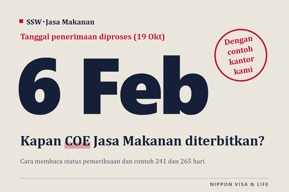 Status Pemeriksaan Pekerja Berketerampilan Spesifik (i) bidang Jasa Makanan di Jepang, Berdasarkan Pengumuman Badan Layanan Imigrasi dan Data Permohonan Kantor Kami