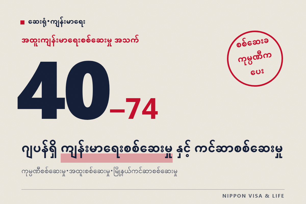 ဂျပန်တွင် ကျန်းမာရေးစစ်ဆေးမှုနှင့် ကင်ဆာ စစ်ဆေးမှု | ကုမ္ပဏီ၏ ကျန်းမာရေးစစ်ဆေးမှု・အသက် 40 မှစသော အထူး ကျန်းမာရေးစစ်ဆေးမှု・မြို့နယ်၏ ကင်ဆာ စစ်ဆေးမှု ခံယူနည်း
