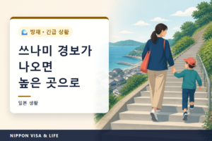 일본에서 쓰나미 경보가 나왔을 때의 피난｜대쓰나미 경보·쓰나미 경보·쓰나미 주의보의 차이, 걸어서 높은 곳으로, 쓰나미 플래그와 표지