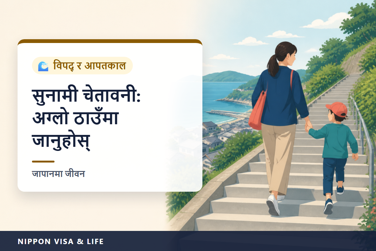 जापानमा सुनामी चेतावनी जारी हुँदा सुरक्षित ठाउँमा जाने तरिका | ठूलो सुनामी चेतावनी, सुनामी चेतावनी र सुनामी सतर्कता सूचनाको फरक, अग्लो ठाउँमा हिँडेर जाने, सुनामी झण्डा र चिन्ह