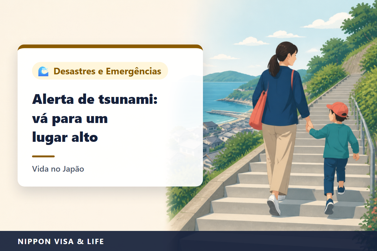 Como evacuar quando sai um alerta de tsunami no Japão｜Diferença entre Alerta de Grande Tsunami, Alerta de Tsunami e Aviso de Tsunami, fugir a pé para um lugar alto, bandeira de tsunami e placas