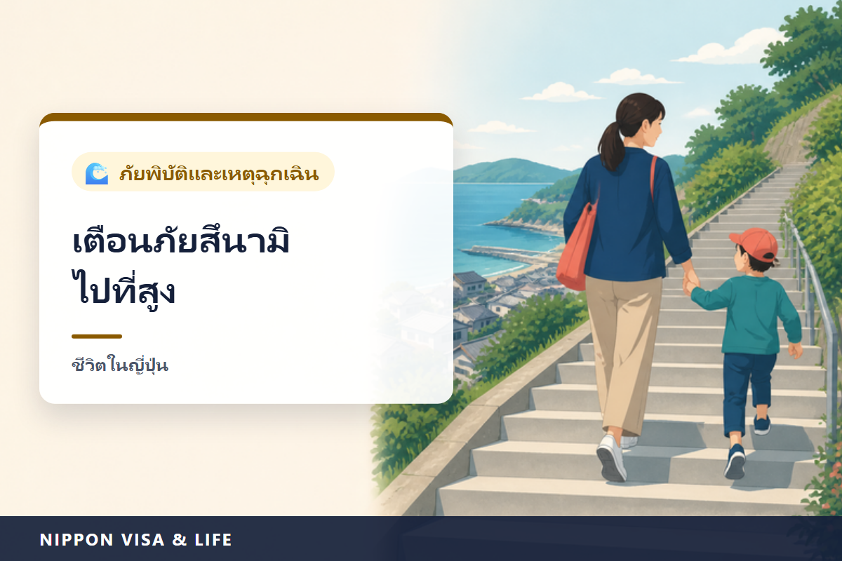 การอพยพเมื่อมีคำเตือนสึนามิในญี่ปุ่น｜ความแตกต่างของคำเตือนสึนามิขนาดใหญ่ คำเตือนสึนามิ และคำแนะนำให้ระวังสึนามิ การเดินเท้าหนีไปที่สูง ธงสึนามิและป้ายต่าง ๆ