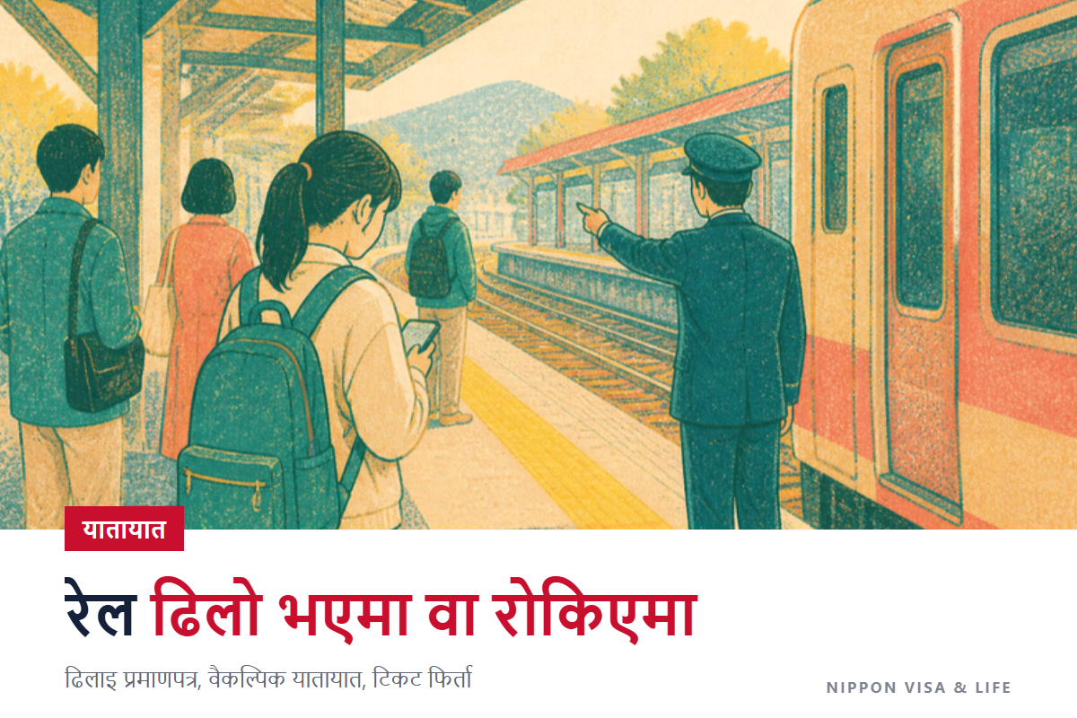 जापानमा रेल ढिलो भएमा वा रोकिएमा के गर्ने | रेल सञ्चालन जानकारी हेर्ने तरिका・ढिलाइ प्रमाणपत्र लिने तरिका・वैकल्पिक यातायात (振替輸送) प्रयोग गर्ने तरिका・टिकटको पैसा फिर्ता