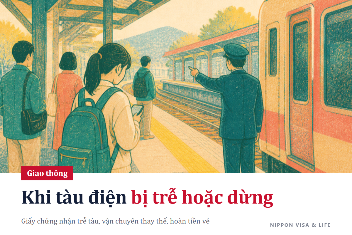 Cách xử lý khi tàu điện bị trễ hoặc ngừng chạy tại Nhật Bản | Cách tra thông tin vận hành, cách lấy giấy chứng nhận tàu trễ, cách dùng vận chuyển thay thế và cách hoàn tiền vé